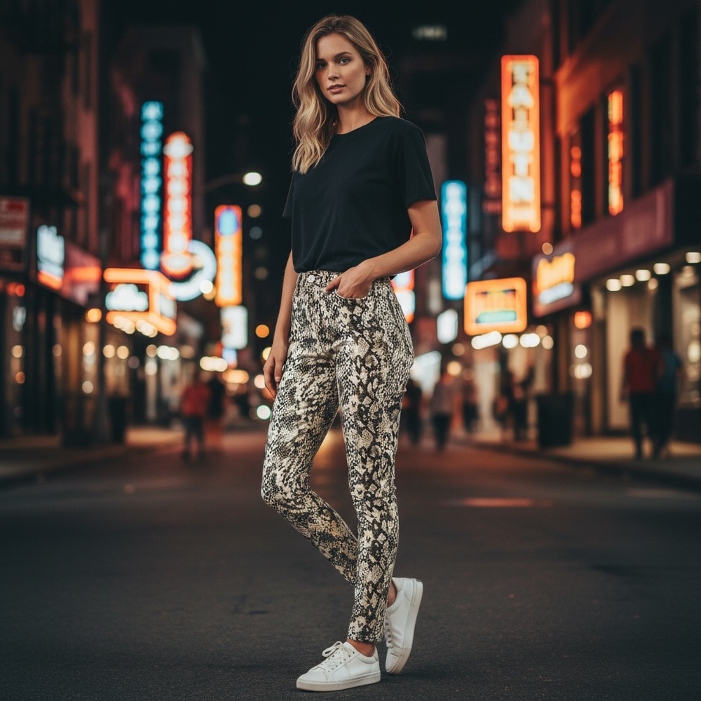 ZARA Trafaluc Denim Collection Brown Snake Print High-Rise Skinny Jeans Size 2